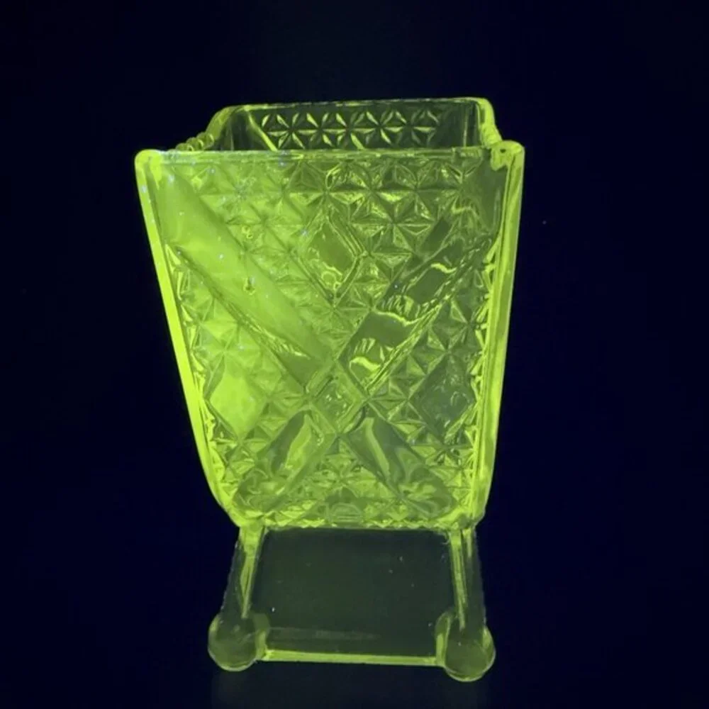 EAPG Adams & Co Clear Crossbar Finecut Footed Clear Vase Manganese 365nm UV Glow
